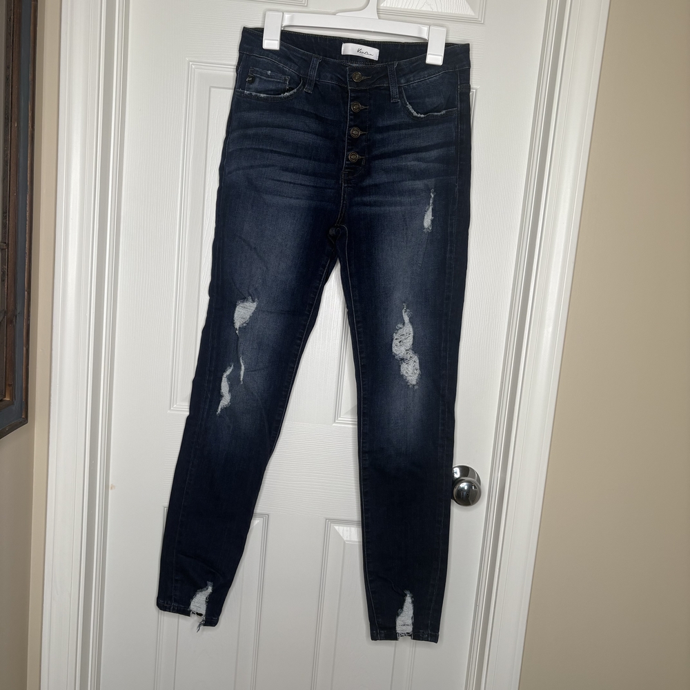 Kancan High Rise Button Front, Distressed Skinny Jeans Size 29
